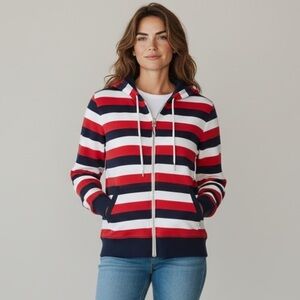 Tommy Hilfiger Red White Blue Stripe Zip Hoodie Classic Preppy Size Medium
